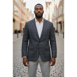 Jos A Bank Blazer Mens 41R Gray Windowpane Tailored Fit Wool Sportscoat